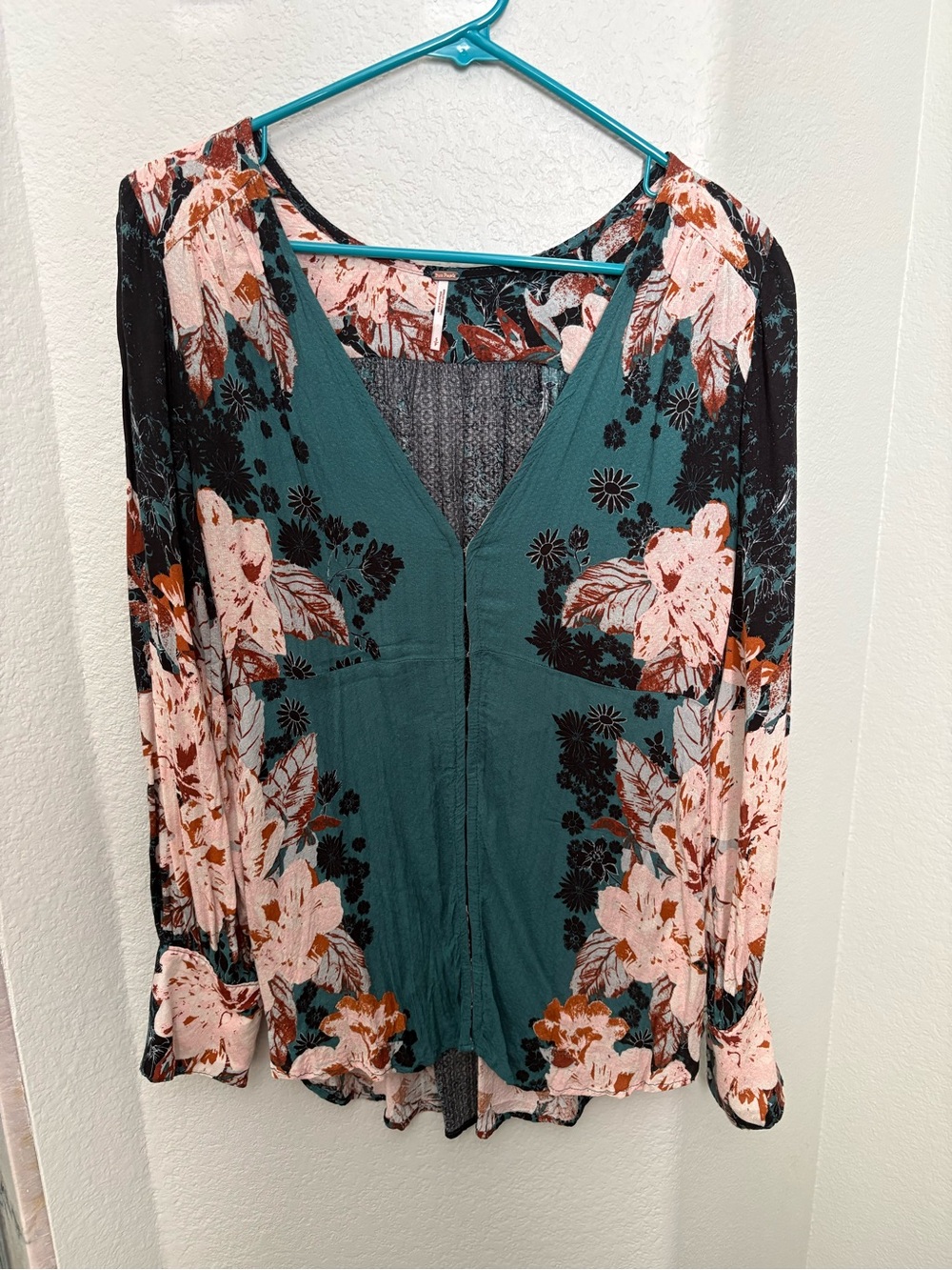 Free People Teal Floral Button-Down Blouse with Pink and Rust Accents